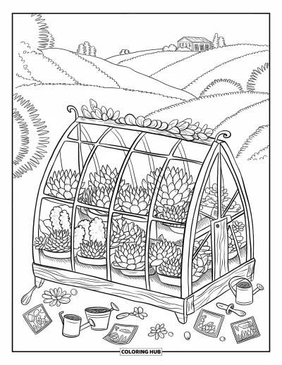Coloriage de succulentes pour adultes : Une petite serre en verre abrite des succulentes joyeuses et des outils de jardinage miniatures