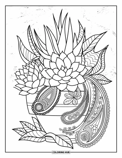 Coloriage de succulentes pour adultes : Un arrangement de succulentes dans un pot décoratif est tissé dans un fond à motifs cachemire