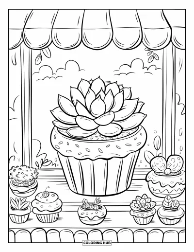 Coloriage de succulentes pour adultes : Une fenêtre de boulangerie succulente présente des plantes en pot en forme de beignes, de macarons et de cupcakes