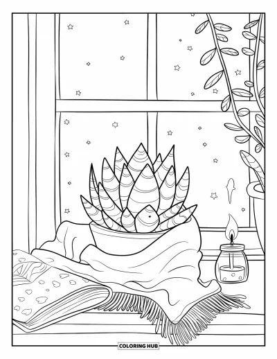 Coloriage de succulentes pour adultes : Une succulente confortablement nichée dans une couverture est assise près d’une bougie et d’un livre ouvert