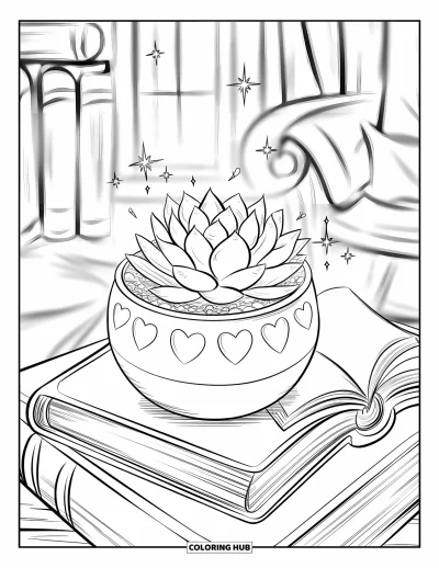 Coloriage de succulentes pour adultes : Une succulente dans un pot gravé d’un cœur est assise à côté d’un livre ouvert avec des étincelles flottantes