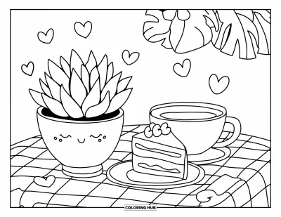 Coloriage de succulentes pour adultes : Une succulente dans un pot à motifs est posée à côté d’une part de gâteau et d’une tasse de thé fumante