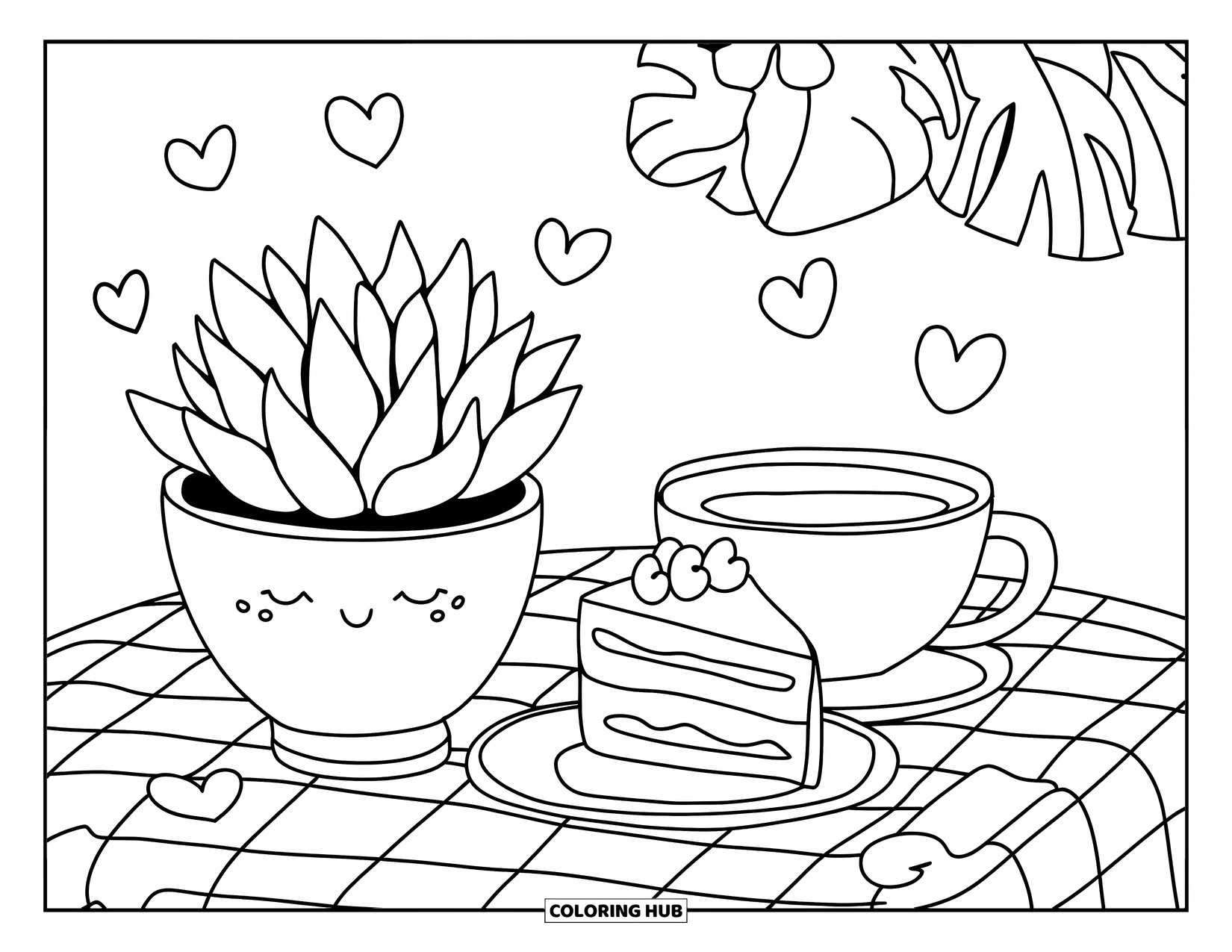 Vetplant Kleurplaat voor Volwassenen: Een vetplant in een pot met patroon staat naast een stuk cake en een stomende kop thee