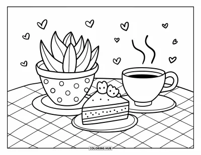 Coloriage de succulentes pour adultes : Une succulente dans un pot à pois repose à côté d’un thé et d’un gâteau sur une nappe à carreaux