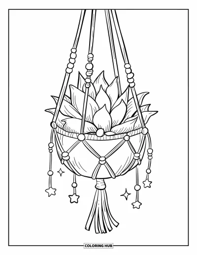 Coloriage de succulentes pour adultes : Une succulente repose paisiblement dans un panier suspendu orné de perles pendantes et de minuscules étoiles