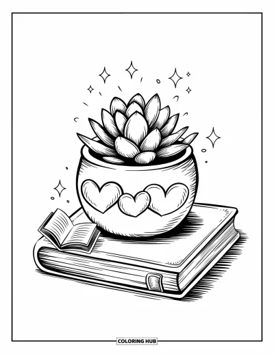 Coloriage de succulentes pour adultes : Une succulente est assise au sommet d’une pile de livres de contes, entourée de minuscules étincelles de magie flottantes