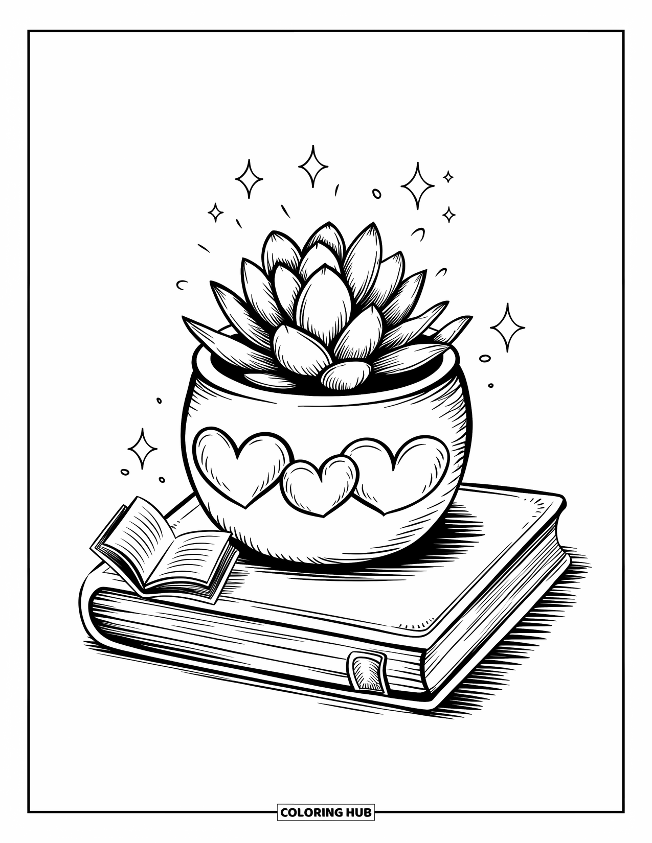 Vetplant Kleurplaat voor Volwassenen: Een vetplant zit bovenop een stapel sprookjesboeken, omringd door kleine zwevende vonkels van magie