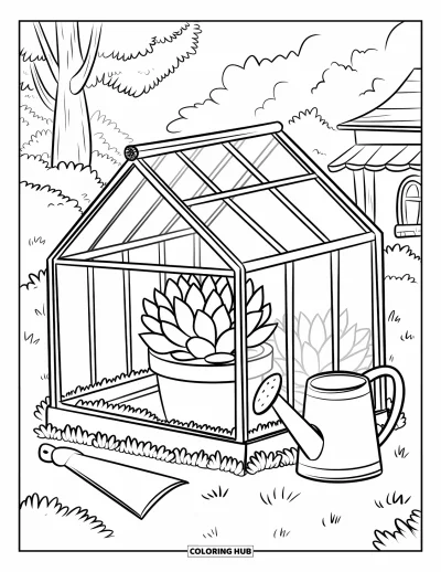 Coloriage de succulentes pour adultes : Une succulente avec des yeux brillants est assise à l’intérieur d’une serre, entourée de minuscules arrosoirs