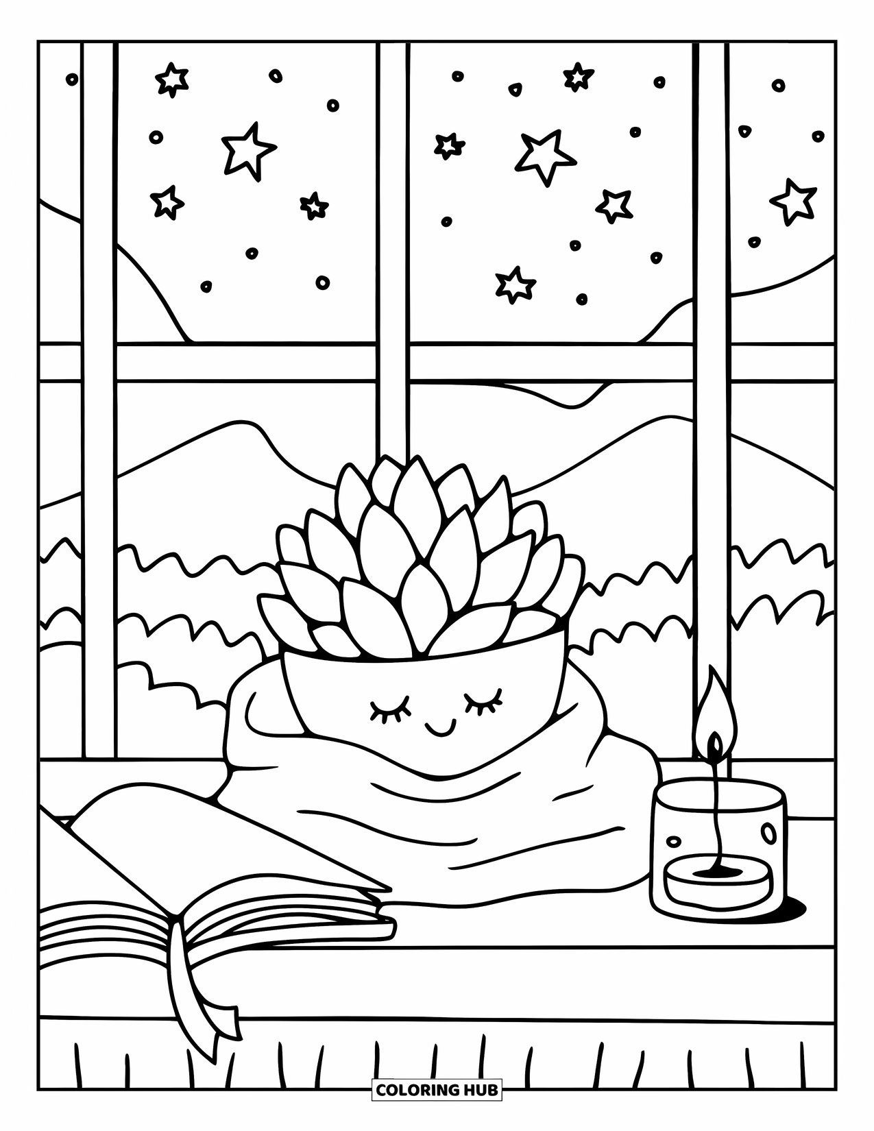 Vetplant Kleurplaat voor Volwassenen: Een vetplant gewikkeld in een deken geniet van een vredige nacht naast een boek bij kaarslicht