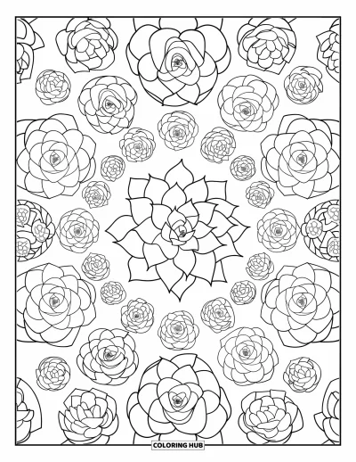 Coloriage de succulentes pour adultes : Un motif symétrique avec un motif de succulentes central se répète dans un arrangement magnifiquement équilibré