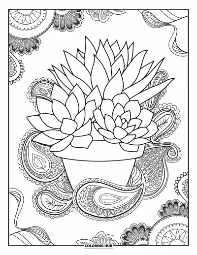 Coloriage de succulentes pour adultes : Un pot en terre cuite avec des succulentes est entouré de motifs cachemire tourbillonnants et de feuilles délicates
