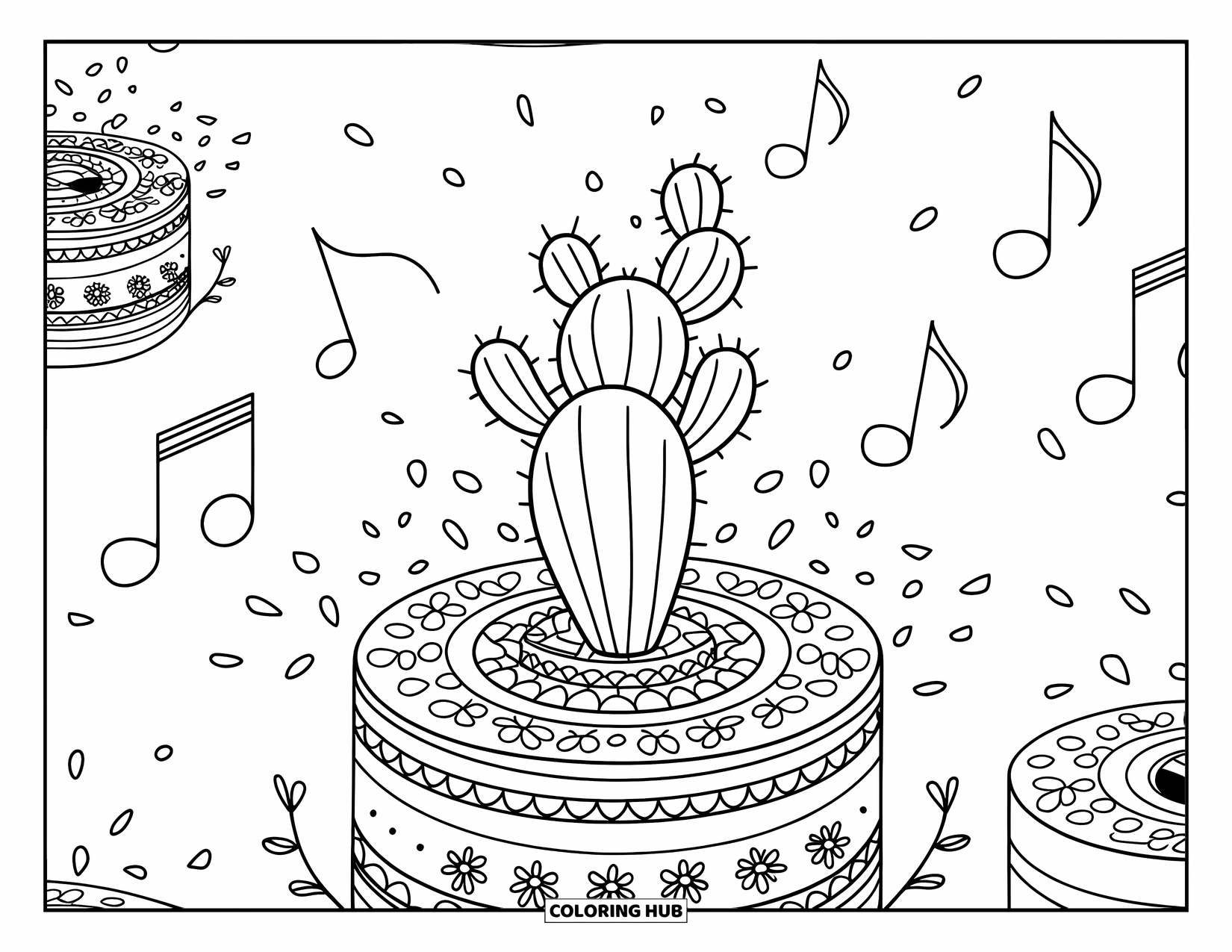 Vetplant Kleurplaat voor Volwassenen: Een kleine cactus draait op een muziekdoos en vult de lucht met melodieën en dwarrelende bloemblaadjes