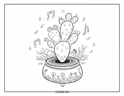 Coloriage de succulentes pour adultes : Un cactus tourbillonnant est assis au sommet d’une boîte à musique décorative entourée de pétales flottants et de notes de musique