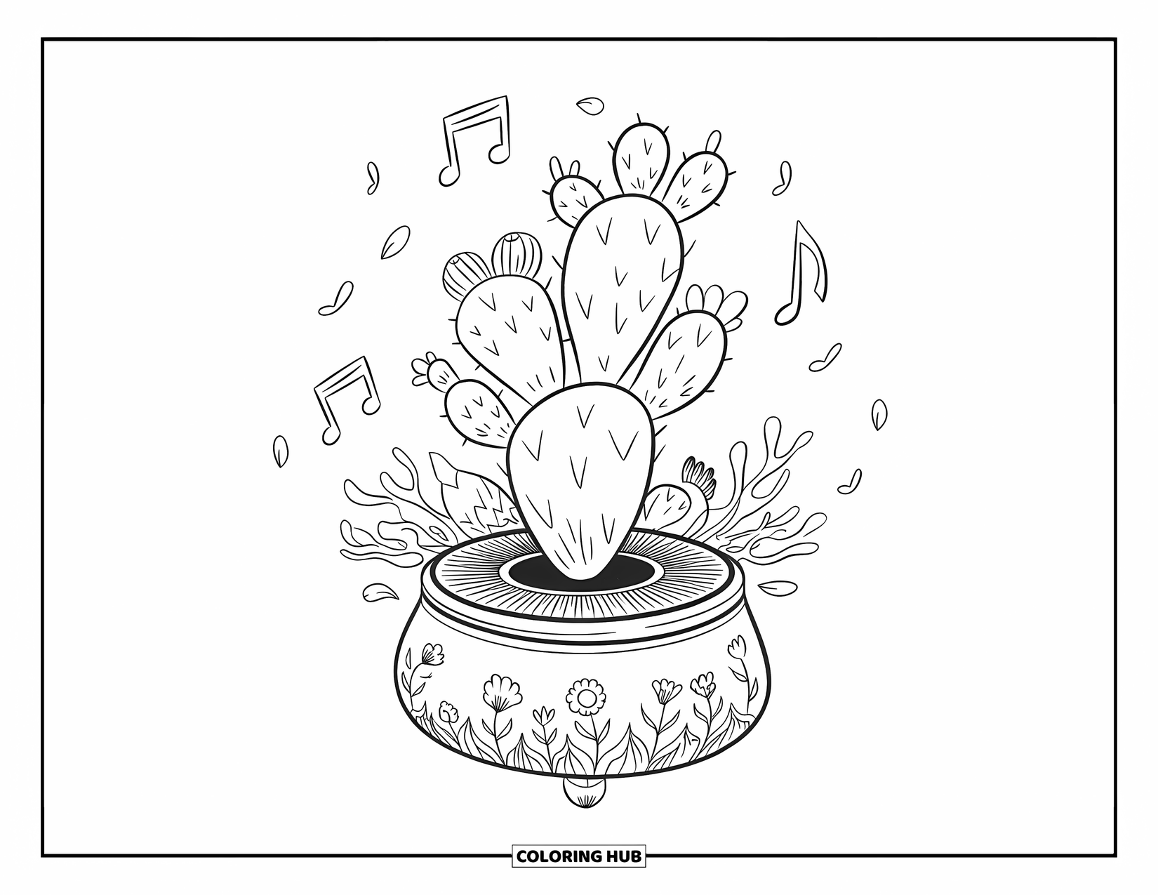Vetplant Kleurplaat voor Volwassenen: Een draaiende cactus zit bovenop een decoratieve muziekdoos, omringd door zwevende bloemblaadjes en muzieknoten