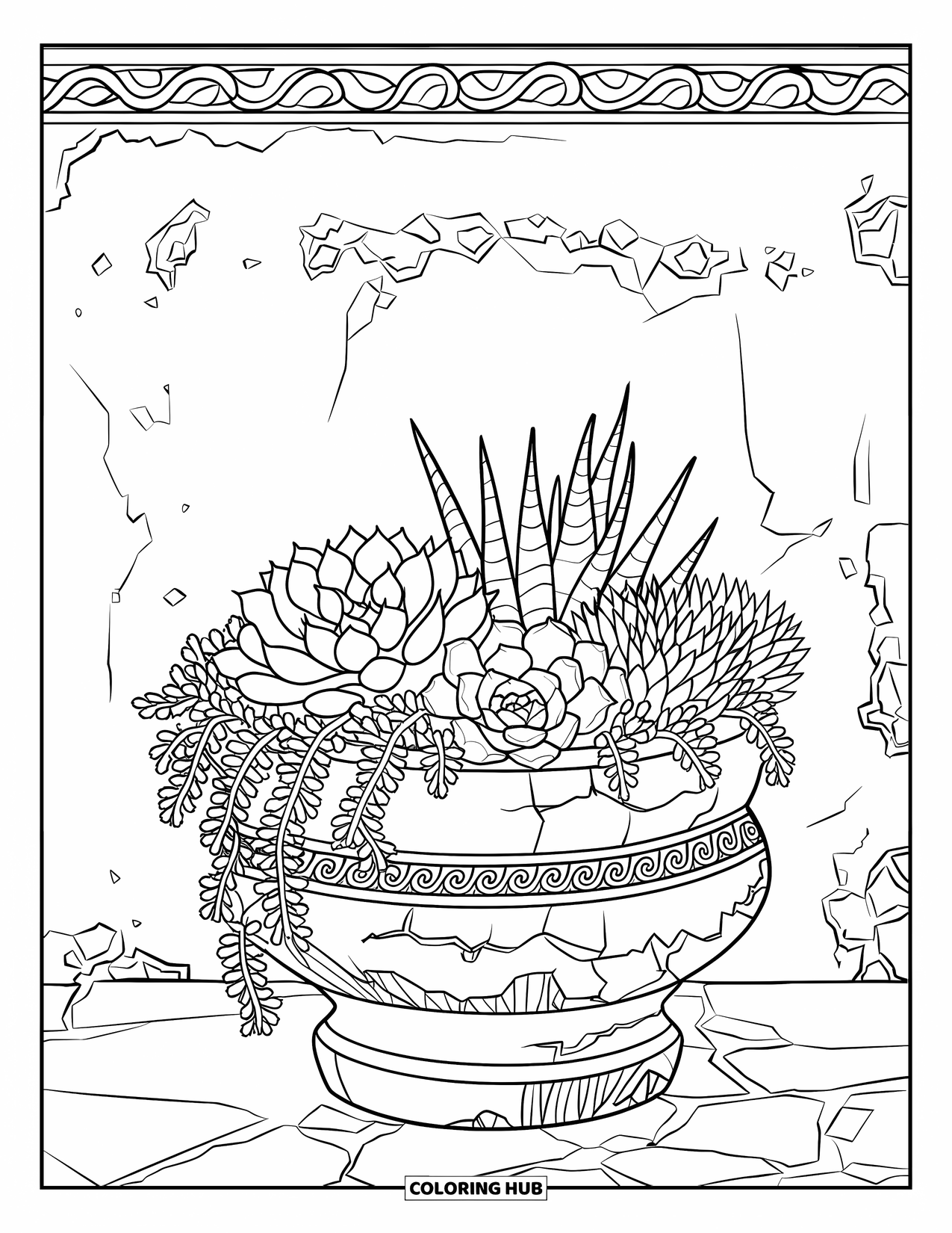 Vetplant Kleurplaat voor Volwassenen: Een verweerde pot met vetplanten staat tegen een muur met textuur, met ingewikkelde, sierlijke gravures