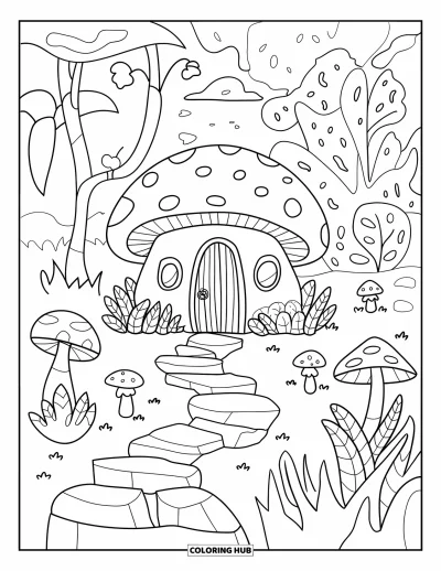Coloriage de succulentes pour adultes : Une maison succulente fantaisiste avec une porte en bois et des fenêtres rondes est nichée dans un jardin de fées