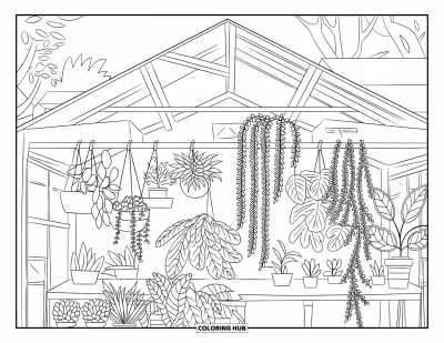 Coloriage de succulentes pour adultes : Une serre à ossature de bois avec des succulentes, du lierre et des plantes à feuilles repose sous un ciel lumineux