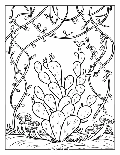 Coloriage de succulentes pour enfants : Une succulente ressemblant à un cactus avec des vignes et des champignons torsadés pousse dans un cadre mystique