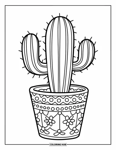 Coloriage de succulentes pour enfants : Un cactus à trois bras est assis dans un pot à motifs floraux