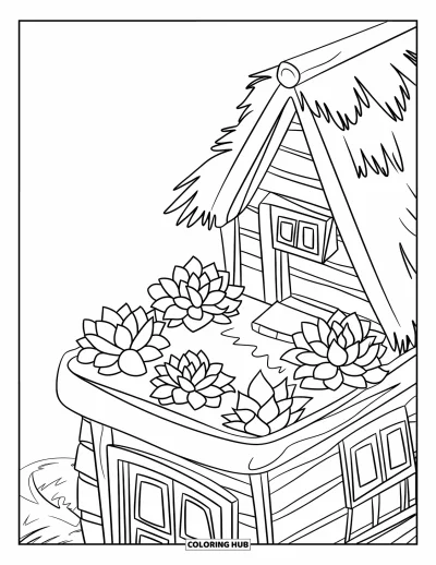 Coloriage de succulentes pour enfants : Une charmante maison avec un jardin de succulentes sur le toit se dresse contre des collines ondulantes