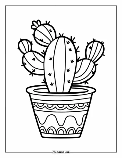 Coloriage de succulentes pour enfants : Un cactus joyeux est assis dans un pot à motifs sur un fond propre