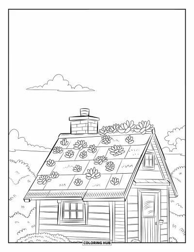 Coloriage de succulentes pour enfants : Une maison confortable avec des succulentes sur le toit est nichée parmi des nuages doux