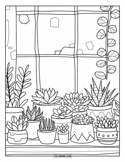 Coloriage de succulentes pour enfants : Une étagère confortable contre un mur de briques expose des succulentes dans des pots en céramique, en bois et en métal