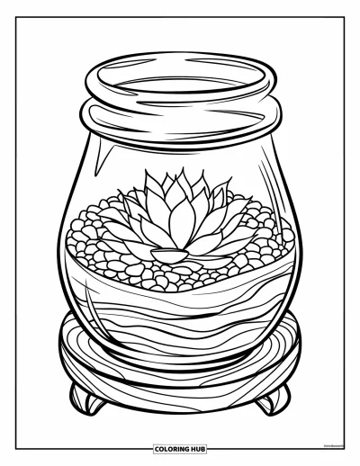 Coloriage de succulentes pour enfants : Une succulente délicate à l’intérieur d’un bocal en verre avec des couches de terre repose sur une dalle de bois
