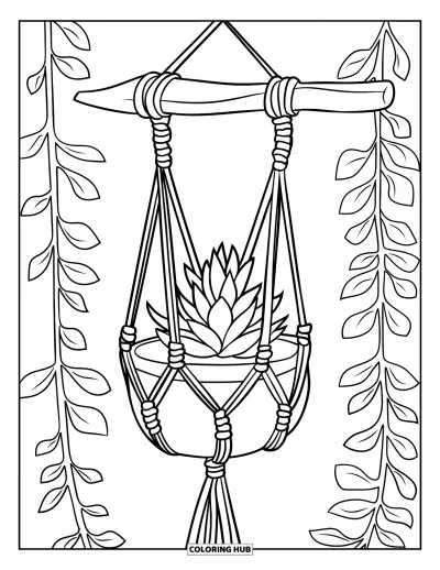 Coloriage de succulentes pour enfants : Une jardinière en macramé délicatement nouée suspend une succulente, ajoutant un charme naturel