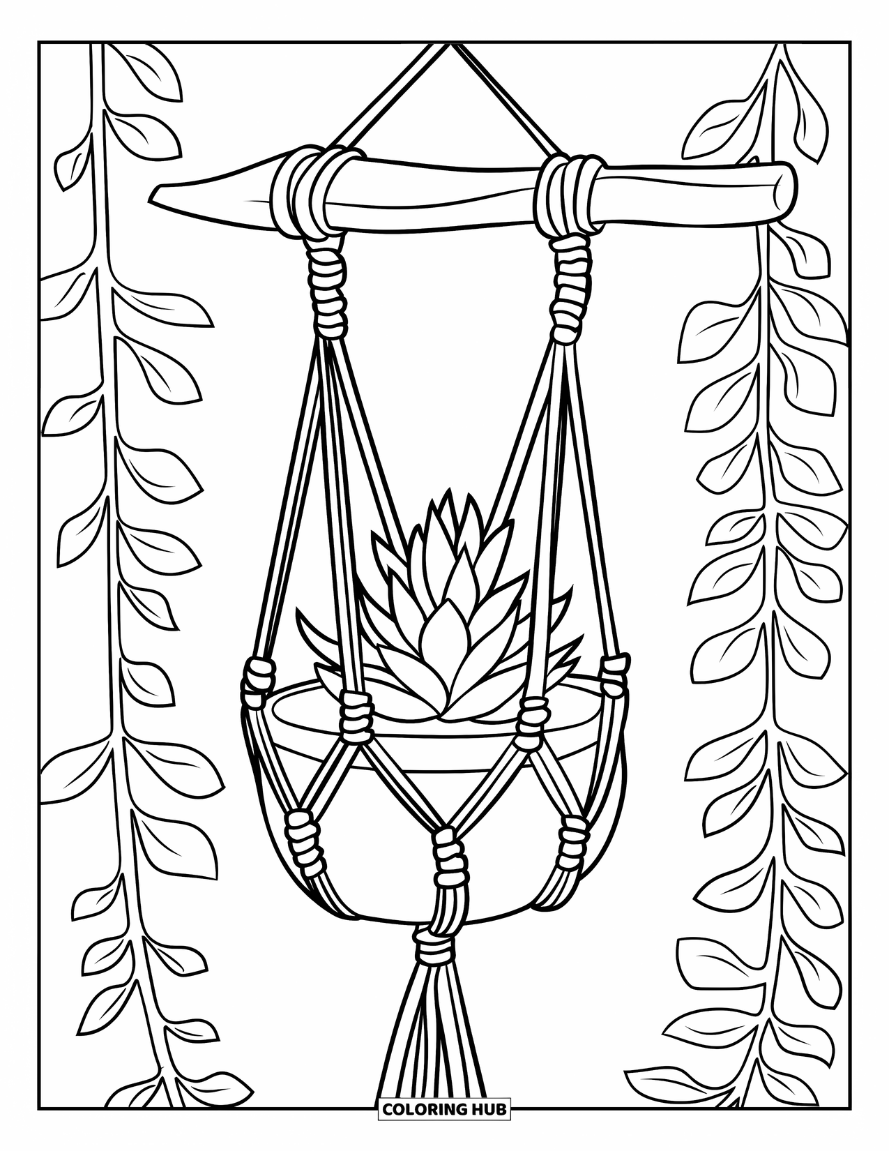 Vetplant Kleurplaat voor Kinderen: Een fijngeknoopte macramé plantenbak hangt een vetplant op, wat een natuurlijke charme toevoegt