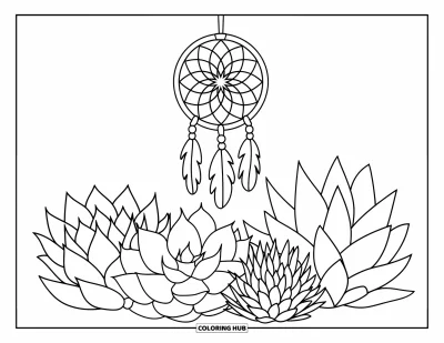 Coloriage de succulentes pour enfants : Un attrape-rêves avec des plumes et des perles est suspendu au-dessus d’un arrangement vibrant de succulentes