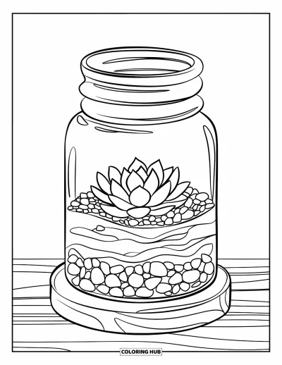 Coloriage de succulentes pour enfants : Un bocal en verre rempli de terre et de cailloux en couches contient une petite succulente