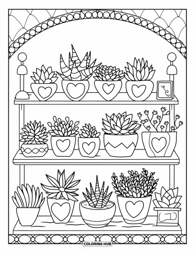 Coloriage de succulentes pour enfants : Un pot en forme de cœur, d’étoile et de cercle contient des succulentes à côté d’une petite lampe et d’un panneau