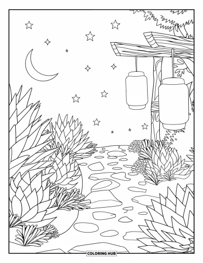 Coloriage de succulentes pour enfants : Un sentier éclairé par la lune bordé de succulentes mène à des lanternes lumineuses sous un ciel étoilé