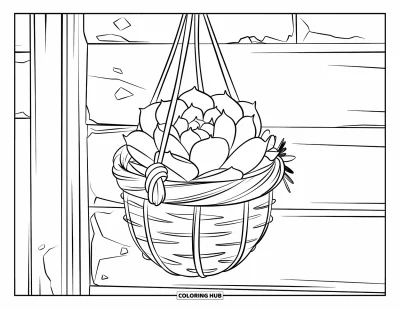 Coloriage de succulentes pour enfants : Un panier en fibres naturelles avec des bords effilochés contient une succulente sur un fond uni