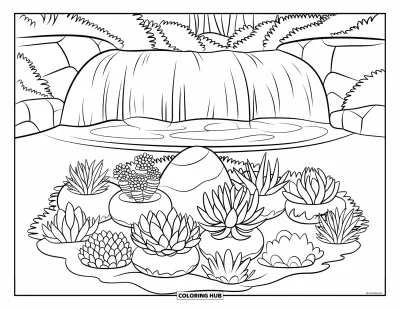 Coloriage de succulentes pour enfants : Un jardin paisible avec des succulentes et une cascade formant une piscine sereine dans une forêt dense