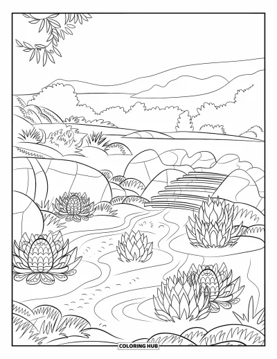 Coloriage de succulentes pour enfants : Un jardin zen paisible avec des succulentes, des motifs de sable et un pont au milieu d’une verdure luxuriante