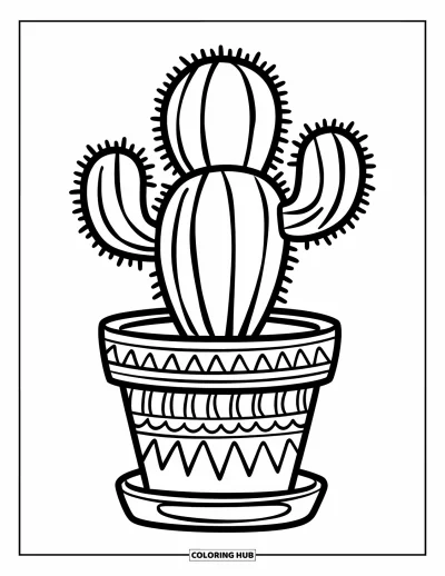 Coloriage de succulentes pour enfants : Un cactus ludique avec des épines épaisses repose dans un pot avec des motifs rayés