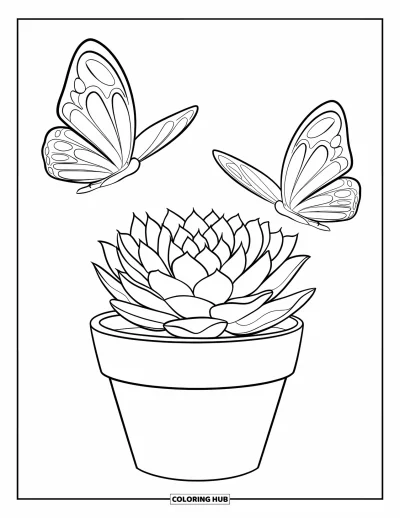 Coloriage de succulentes pour enfants : Une succulente en pot et deux papillons composent une scène charmante et délicate