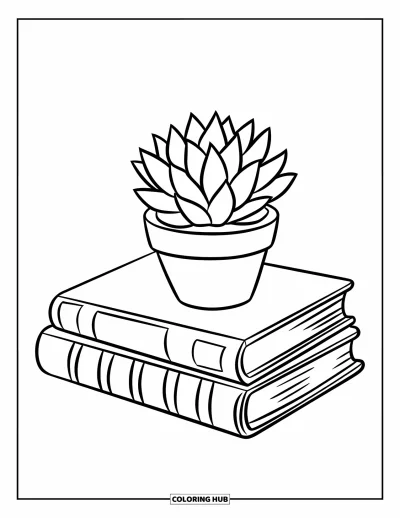 Coloriage de succulentes pour enfants : Une succulente en pot est placée sur une pile de livres dans un cadre paisible