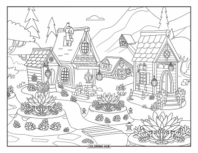 Coloriage de succulentes pour enfants : Un village pittoresque avec des maisons uniques et des sentiers éclairés par des lanternes est situé parmi des succulentes
