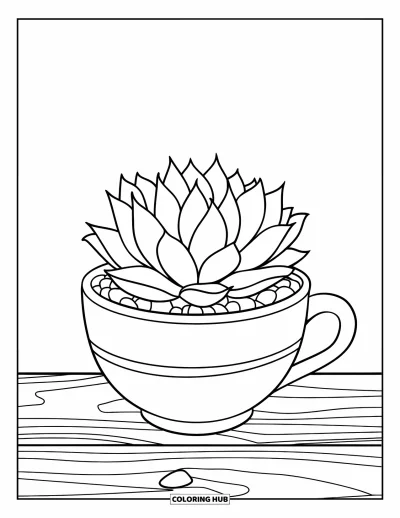 Coloriage de succulentes pour enfants : Une succulente arrondie repose dans une tasse à large bord sur une surface en bois