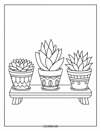 Coloriage de succulentes pour enfants : Une rangée de succulentes dans des pots simples repose sur une surface en bois lisse