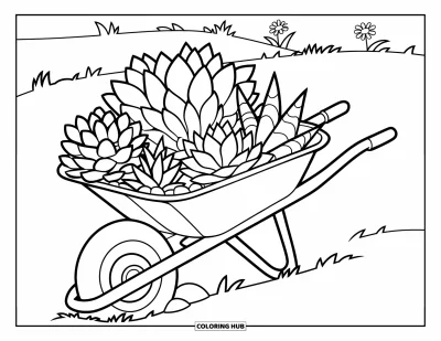 Coloriage de succulentes pour enfants : Un paysage serein avec une brouette pleine de succulentes est situé parmi des fleurs épanouies