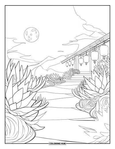 Coloriage de succulentes pour enfants : Un temple serein brille avec des lanternes, entouré de succulentes sous la pleine lune