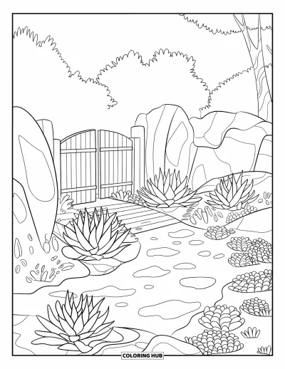 Coloriage de succulentes pour enfants : Un jardin zen serein avec des succulentes, des motifs de sable fluides et un pont en bois