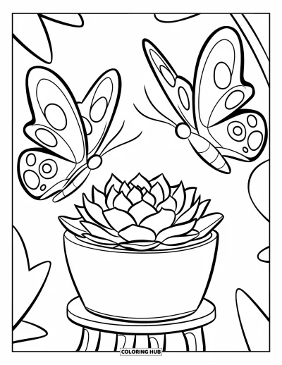 Coloriage de succulentes pour enfants : Une succulente simple dans un pot repose sur un support en bois sous deux papillons