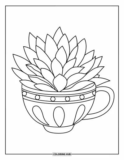 Coloriage de succulentes pour enfants : Une succulente simple est assise à l’intérieur d’une tasse avec un bord arrondi sur un fond vierge