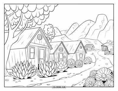 Coloriage de succulentes pour enfants : Une petite route serpente à travers un village avec de minuscules maisons et des succulentes environnantes