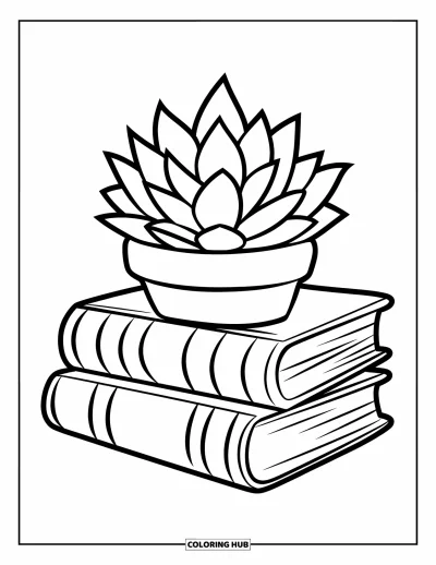 Coloriage de succulentes pour enfants : Une petite pile de livres avec une succulente dans un pot repose sur le dessus